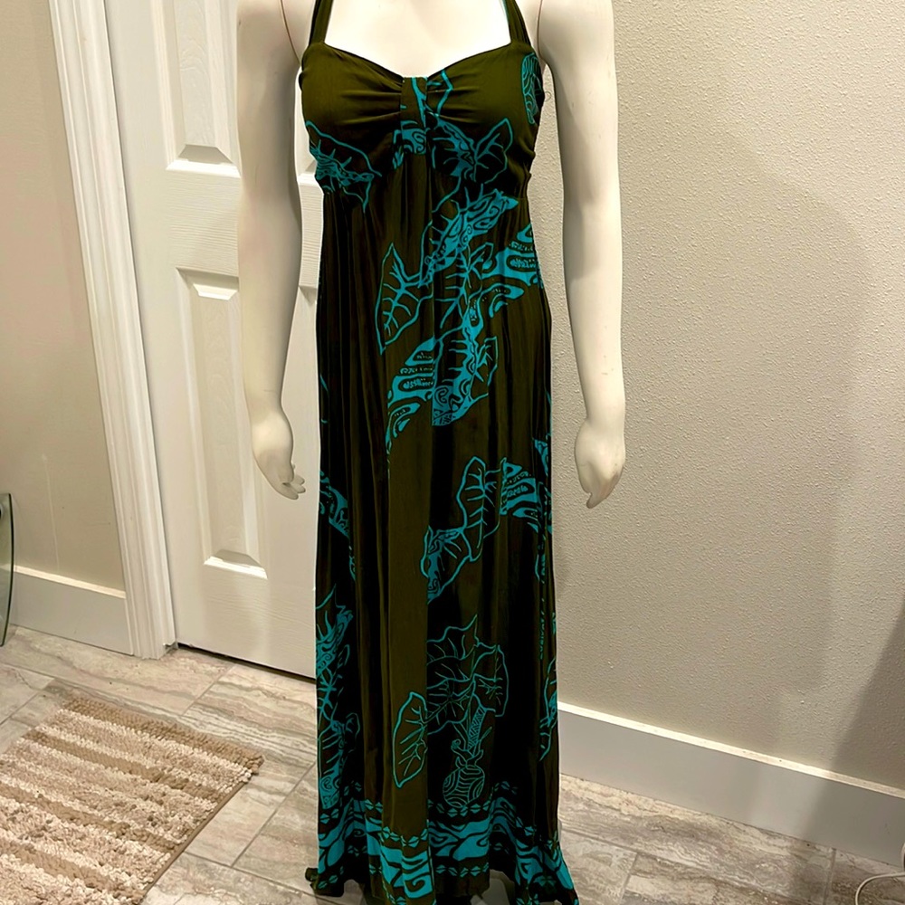 Wahine Toa XS Rayon long halter dress EUC green/teal